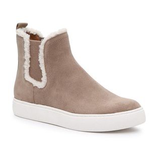 Lucky Brand Tan Suede Faux Cream Fur Kichai Cozy Chelsea Ankle Bootie Sneakers